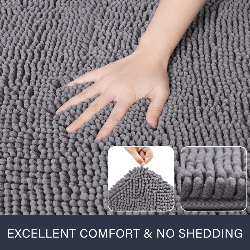 LOCHAS Luxury Bathroom Rug Shaggy Bath Mat 24 x 48 Inch, Washable Non Slip Bath Rugs for Bathroom Shower, Soft Plush Chenille Absorbent Carpets Mats, Gray - Image 2